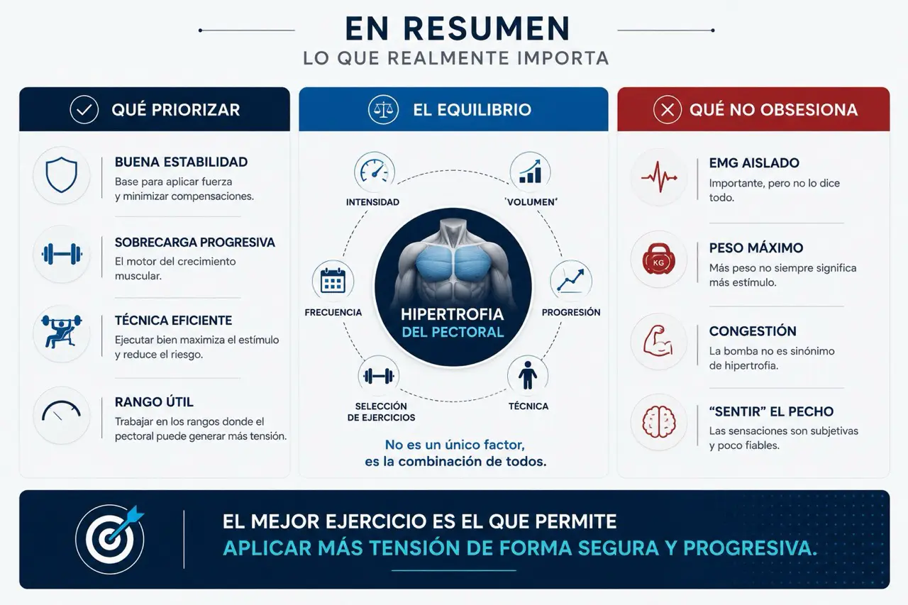 Comparativa visual sobre que priorizar y que no obsesiona al elegir ejercicios de pecho: estabilidad, sobrecarga, tecnica y rango util frente a EMG aislado, peso maximo, congestion y sensaciones