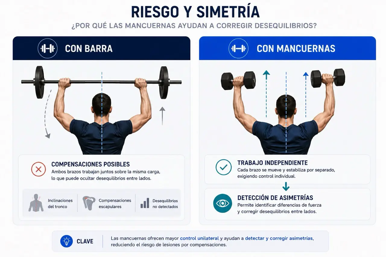 Comparativa visual de press militar con barra y mancuernas mostrando compensaciones posibles, trabajo independiente y deteccion de asimetrias