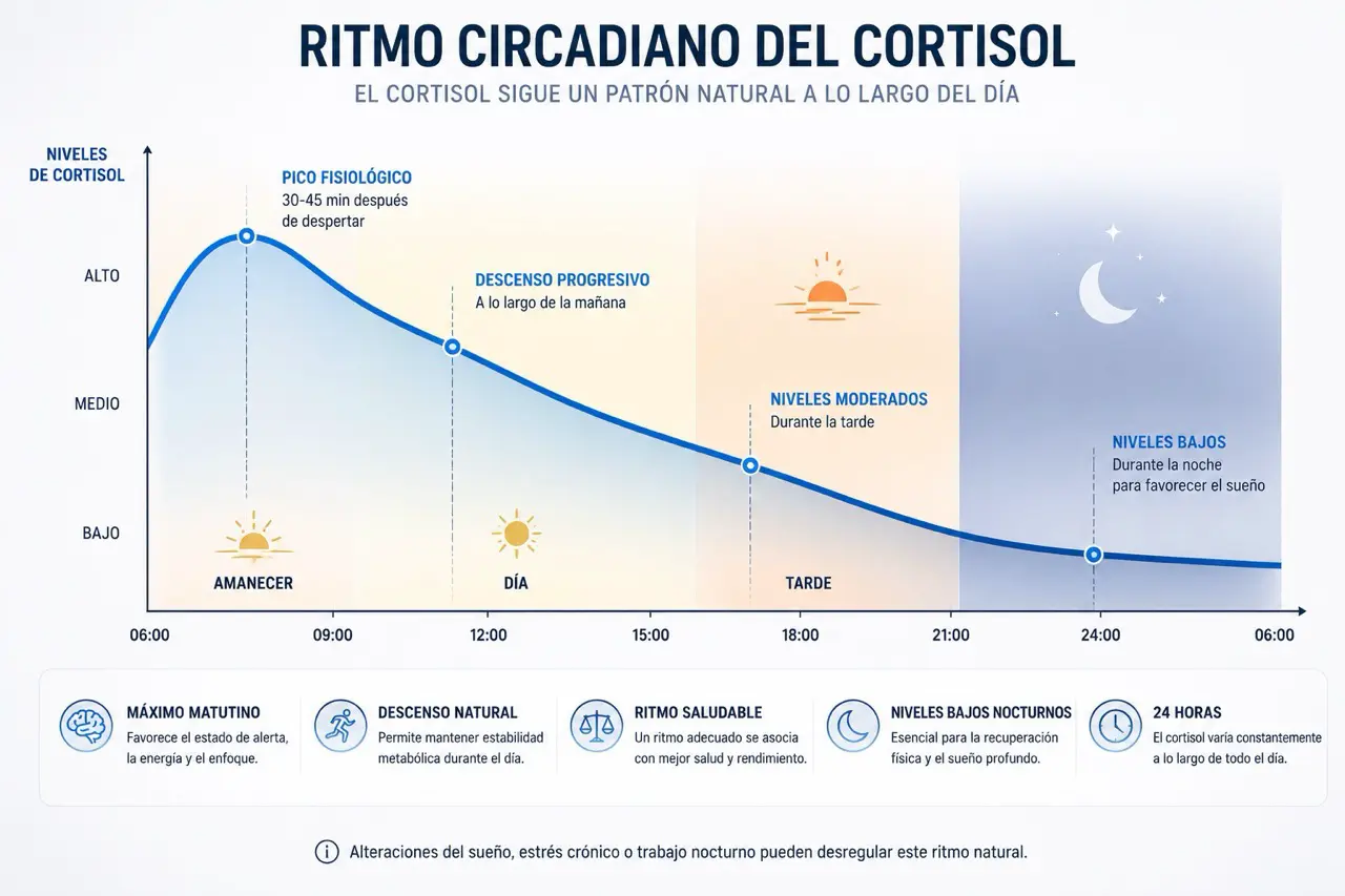 Grafico fisiologico de la curva diaria del cortisol con pico por la mañana, descenso progresivo durante el dia y niveles bajos por la noche