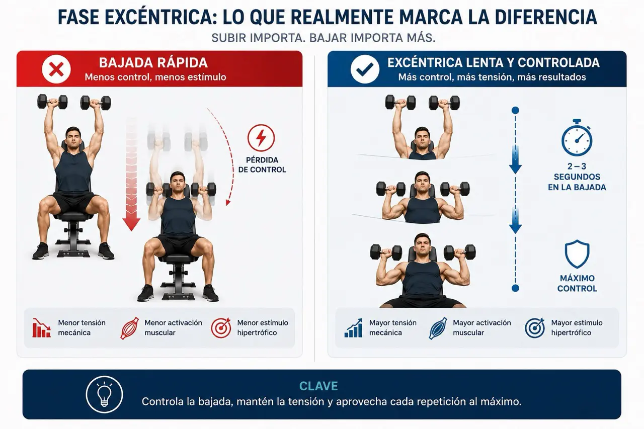 Comparativa de bajada rapida frente a excentrica lenta en press militar con mancuernas con flechas, cronometro y linea de control