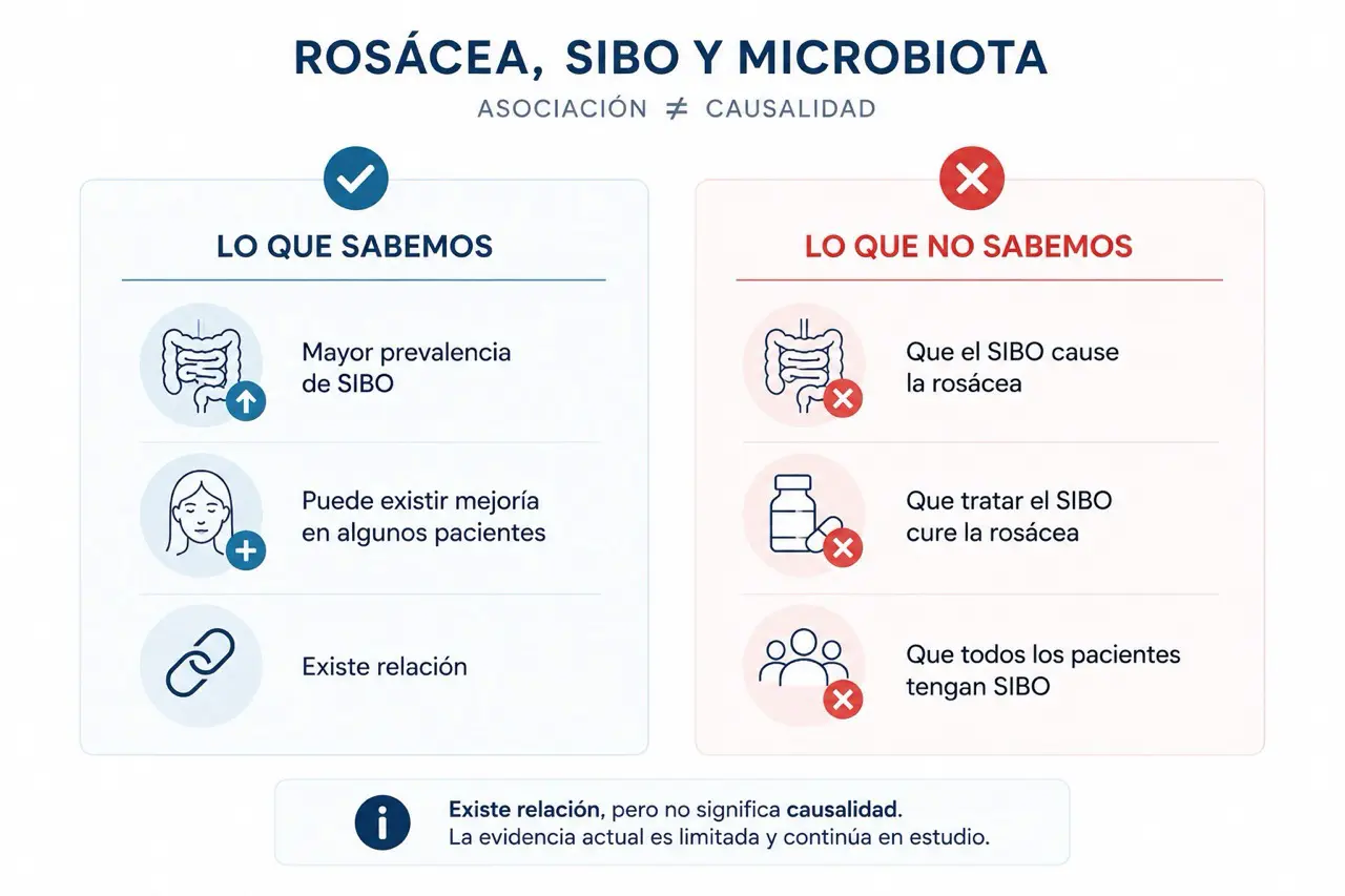 Comparativa editorial sobre rosacea y SIBO diferenciando lo que sabemos de lo que no sabemos sobre asociacion y causalidad
