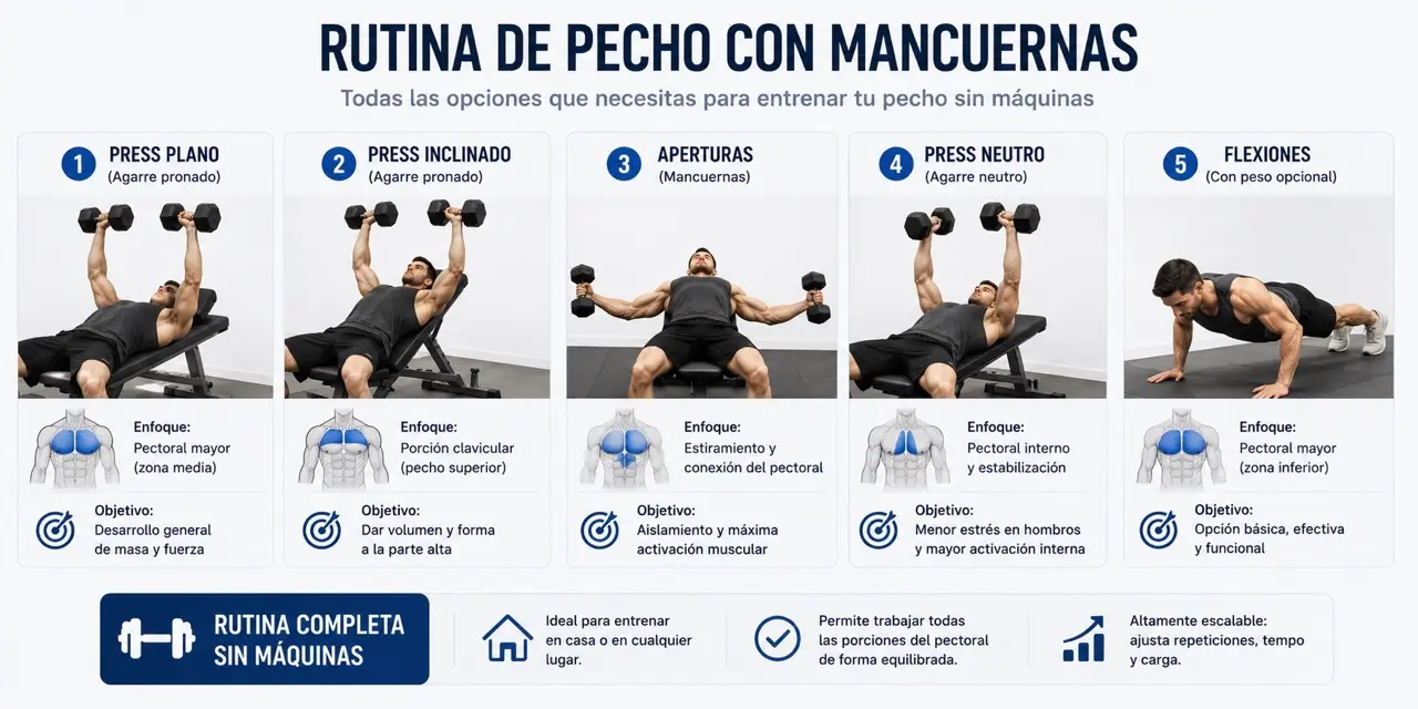 Panel comparativo de ejercicios para rutina de pecho con mancuernas: press plano, press inclinado, aperturas, press neutro y flexiones