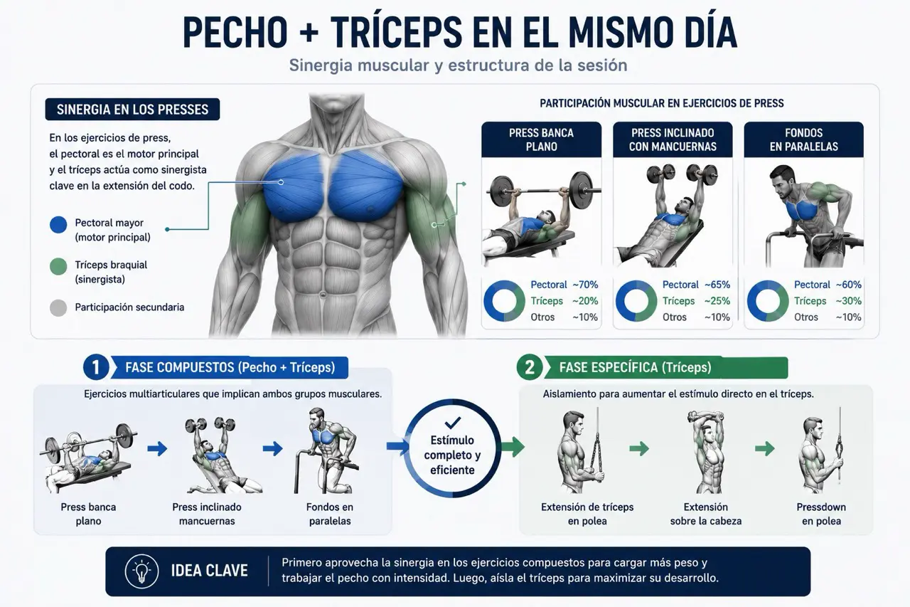 Diagrama de sinergia muscular en una rutina de pecho y triceps mostrando presses con participacion de pectoral y triceps y trabajo especifico posterior