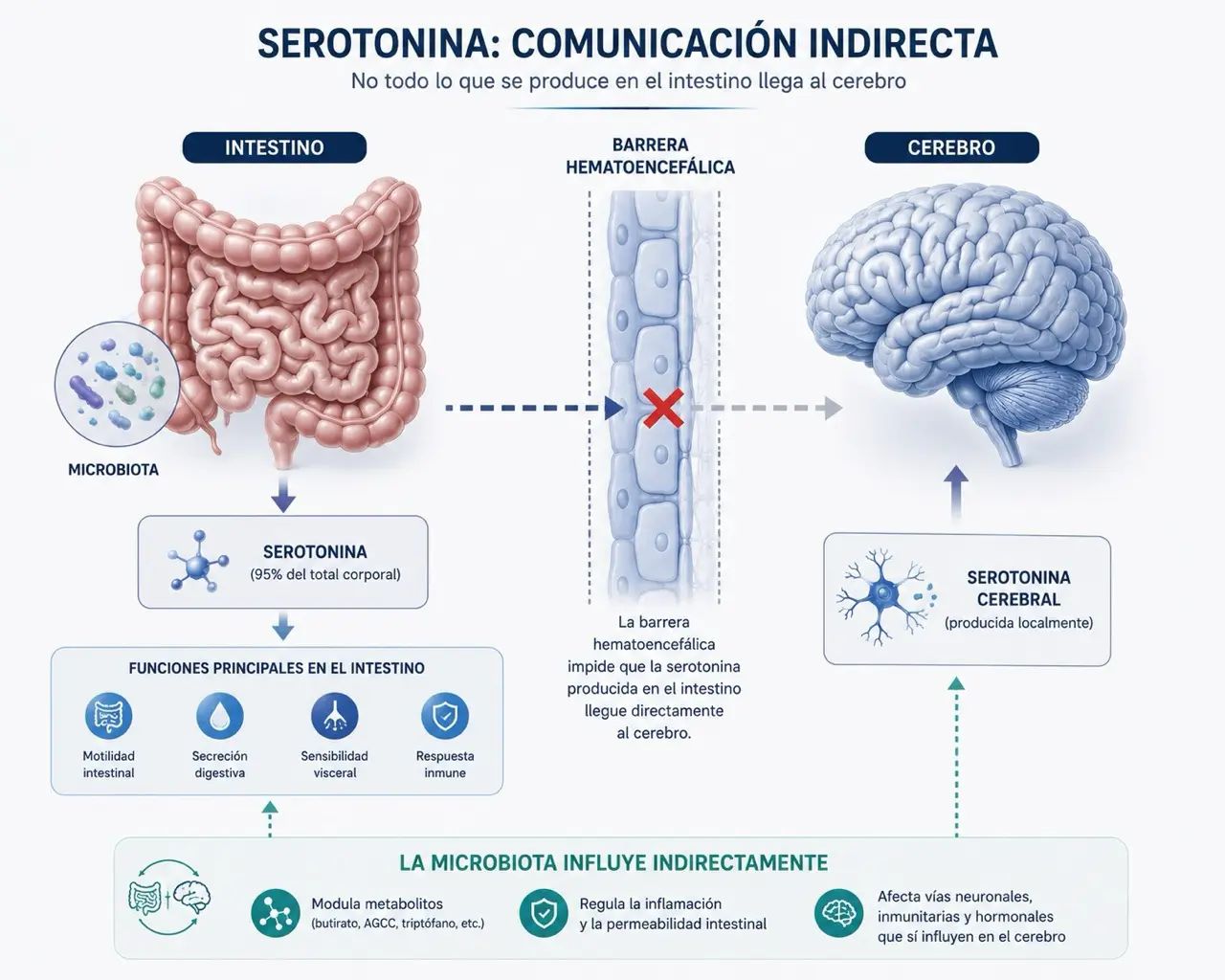 Diagrama fisiologico mostrando que la serotonina intestinal participa en funciones digestivas y no llega directamente al cerebro por la barrera hematoencefalica