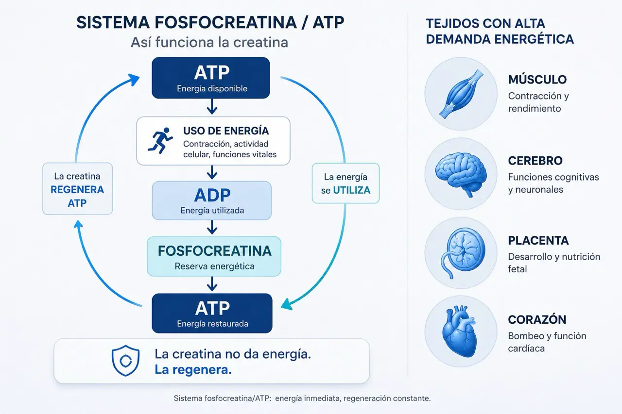 Diagrama de flujo del sistema fosfocreatina ATP mostrando como la creatina regenera ATP desde ADP en musculo, cerebro, placenta y corazon