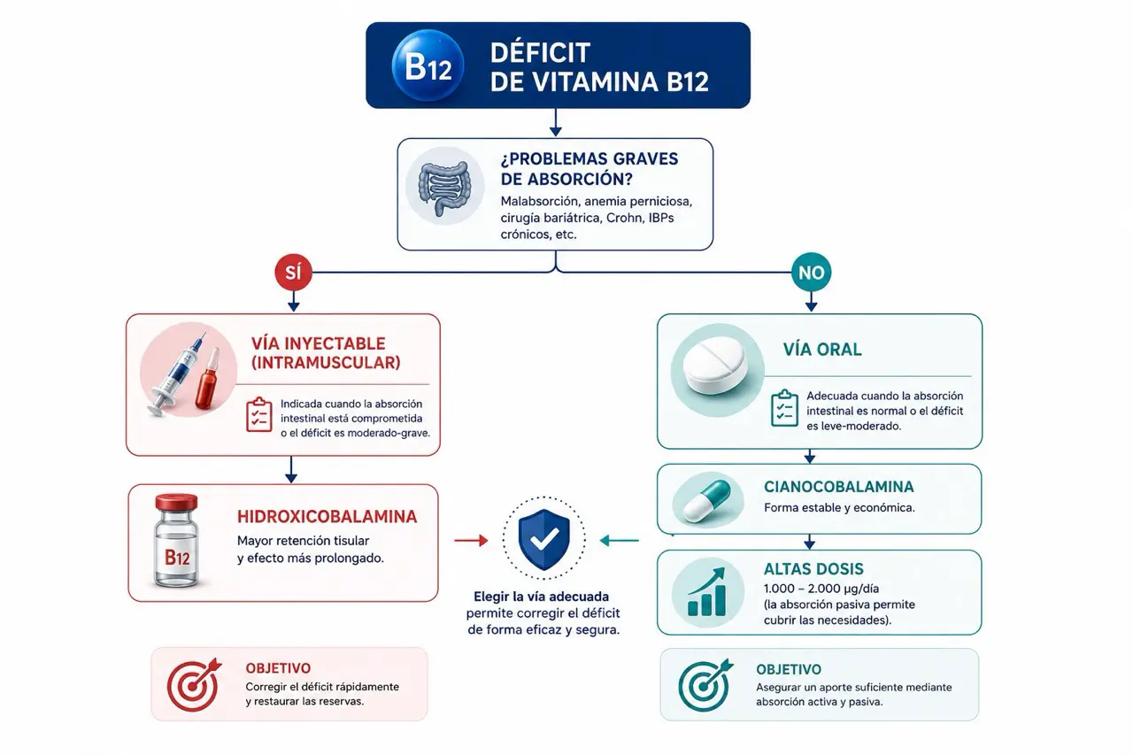 Arbol de decision para suplementacion de vitamina B12 con via oral, cianocobalamina, altas dosis, inyeccion e hidroxicobalamina segun absorcion