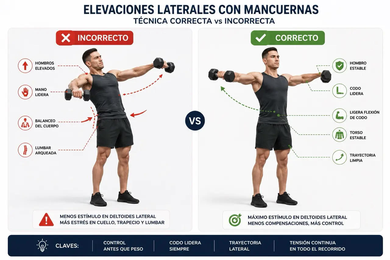 Comparativa de técnica correcta e incorrecta en elevaciones laterales con mancuernas
