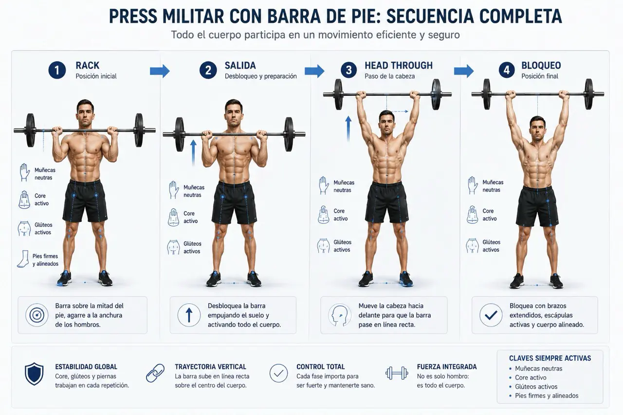 Diagrama tecnico del press militar de pie con barra en rack, salida, head through y bloqueo con gluteos activos, core activo y muñecas neutras
