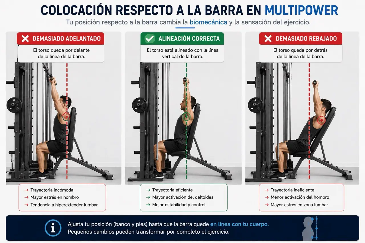 Diagrama tecnico del press militar en multipower con posicion demasiado adelantada, alineacion correcta y posicion demasiado retrasada respecto a la trayectoria de la barra