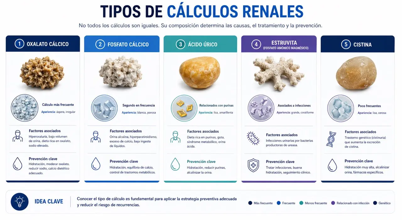 Infografia comparativa de los tipos de calculos renales: oxalato calcico, fosfato calcico, acido urico, estruvita y cistina