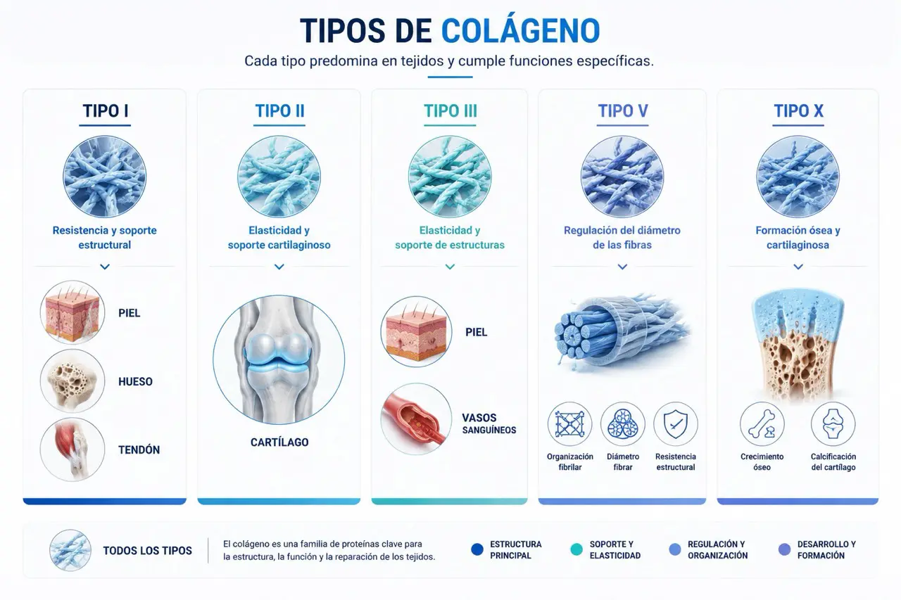 Infografia comparativa de los tipos de colageno I II III V y X y sus tejidos predominantes