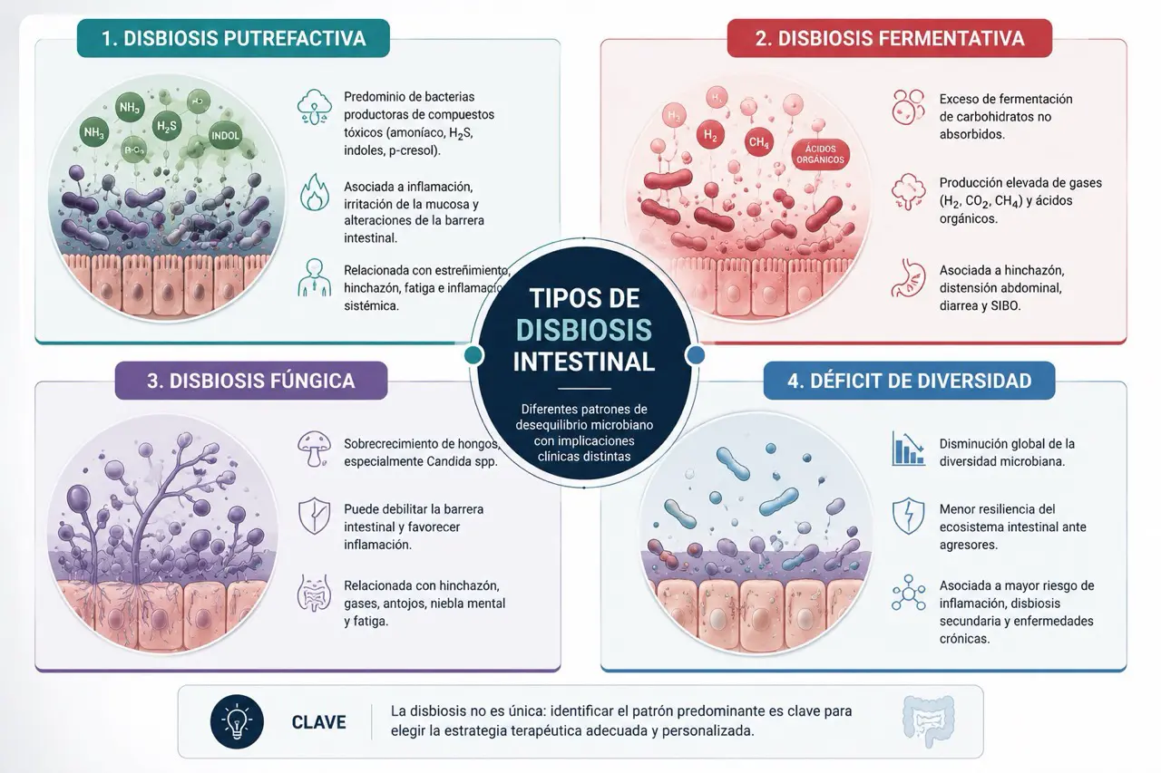 Mapa conceptual de los tipos de disbiosis intestinal: putrefactiva, fermentativa, fungica y por deficit de diversidad microbiana