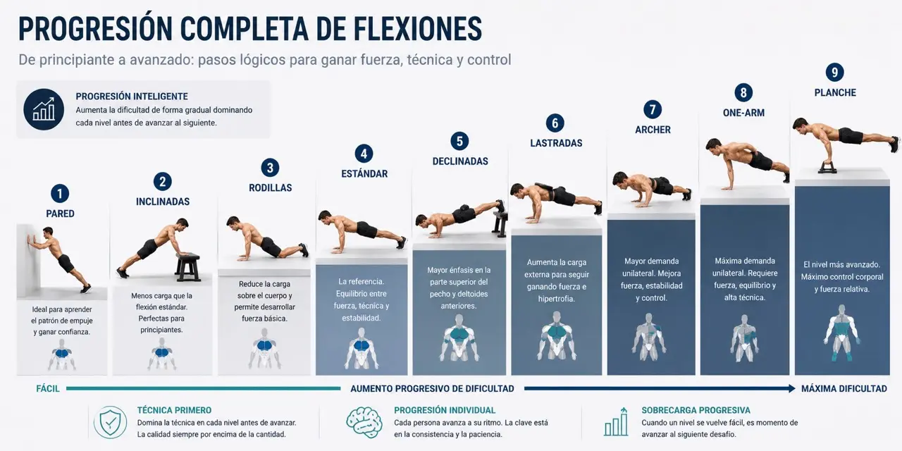Escalera de progresion de tipos de flexiones por dificultad desde pared, inclinadas, rodillas y estandar hasta declinadas, lastradas, archer, una mano y planche