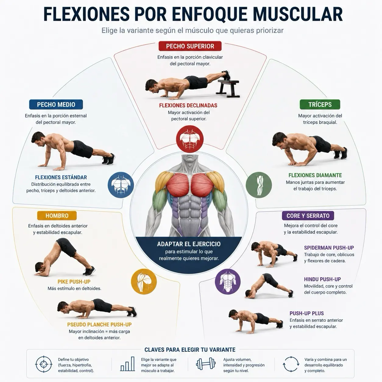 Mapa conceptual de tipos de flexiones segun enfoque muscular para pecho superior, pecho medio, triceps, hombro, core y serrato anterior