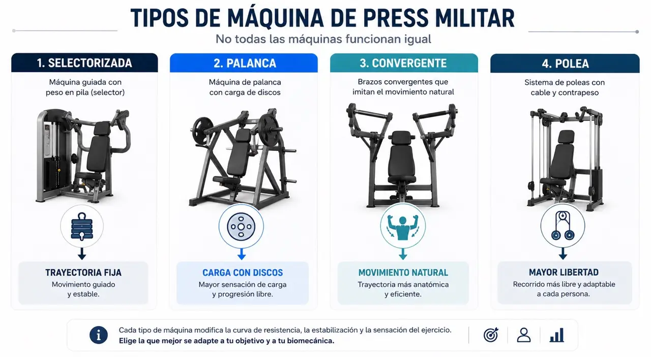 Comparativa de maquinas de press militar selectorizada, palanca, convergente y polea con trayectoria fija, discos, movimiento natural y mayor libertad