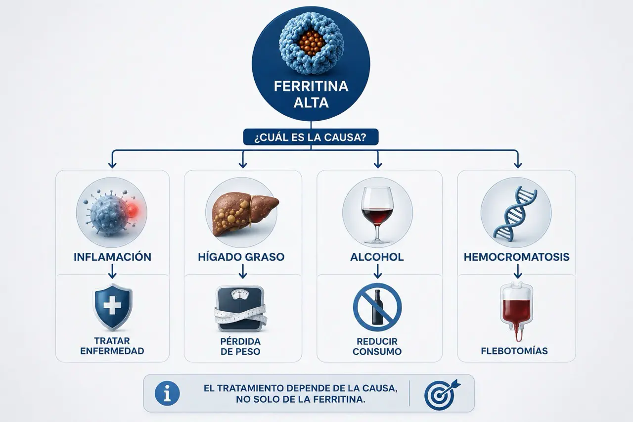 Diagrama de decisión sobre tratamiento de ferritina alta según la causa