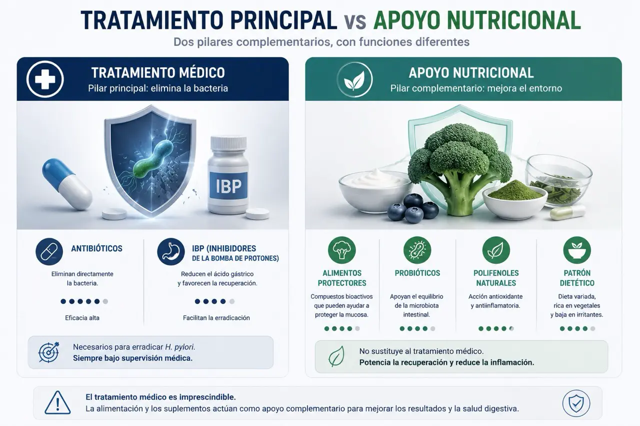 Comparativa terapeutica de Helicobacter pylori que diferencia tratamiento medico con antibioticos e inhibidores de bomba de protones frente a apoyo nutricional con brocoli, probioticos, polifenoles y dieta