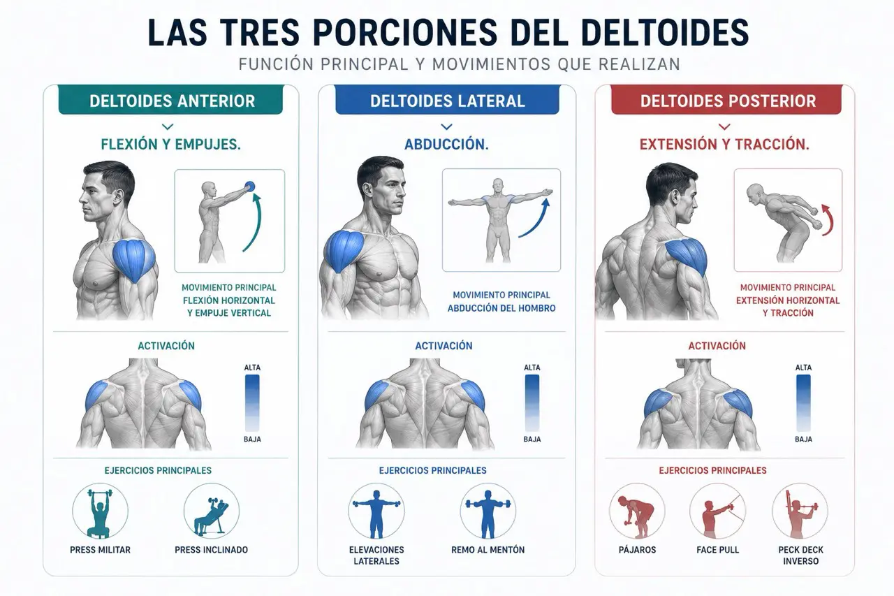 Comparativa de las tres porciones del deltoides y su función principal