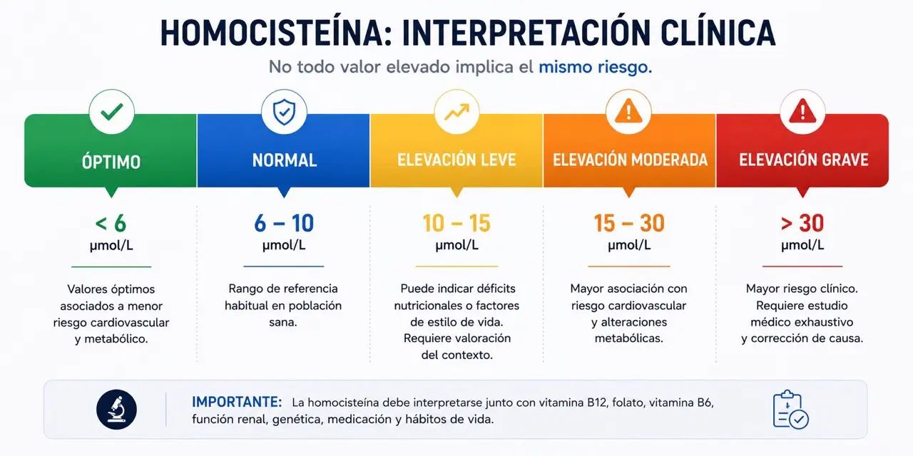 Escala horizontal de valores de homocisteina con optimo, normal, elevacion leve, moderada y grave