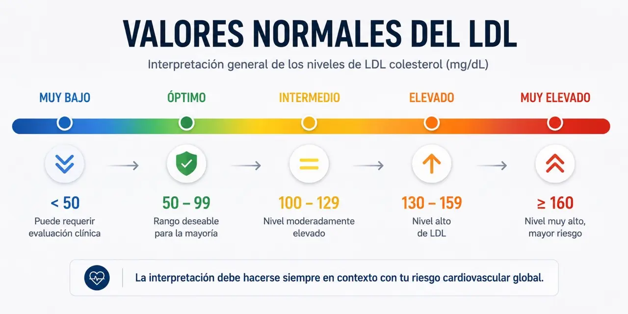 Escala visual de valores de colesterol LDL desde muy bajo, optimo e intermedio hasta elevado y muy elevado