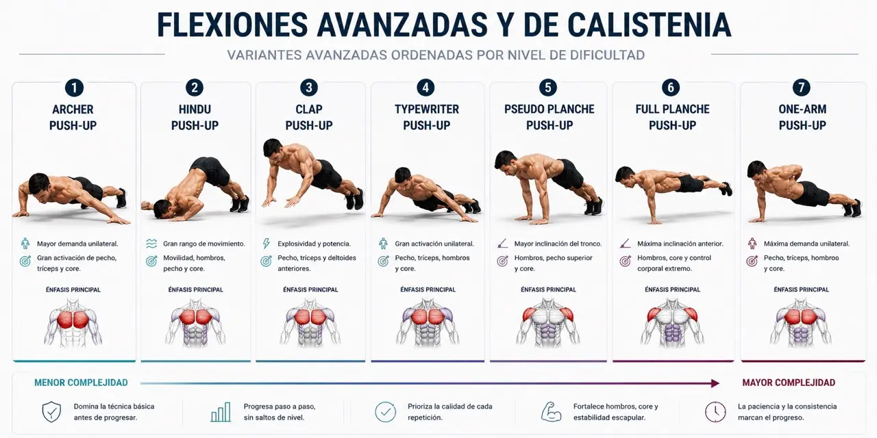 Panel comparativo de variantes avanzadas de flexiones de calistenia como archer, hindu, clap, typewriter, pseudo planche, full planche y one arm