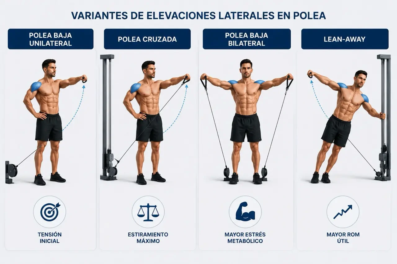 Imagen técnica sobre variantes elevaciones laterales polea