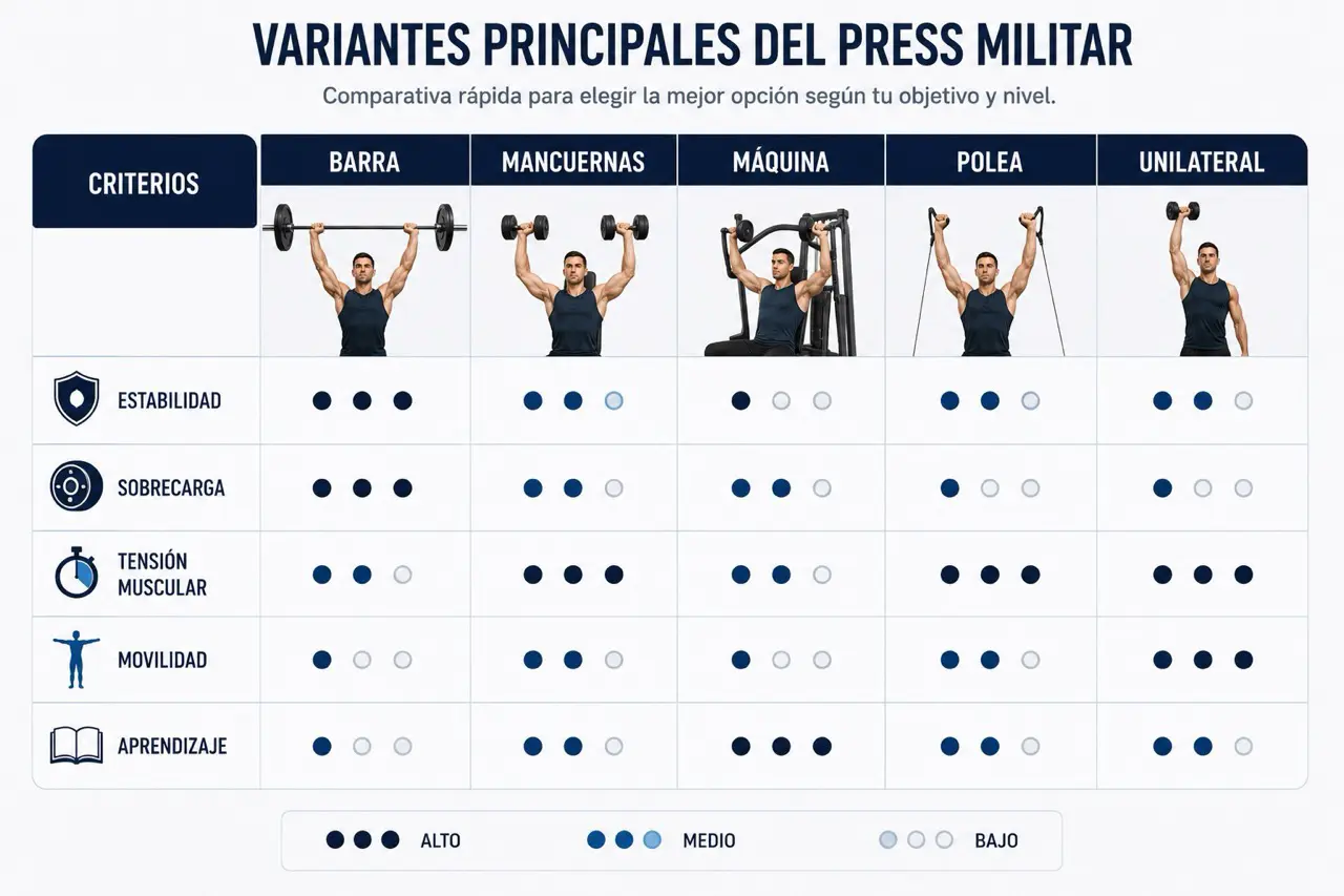 Tabla editorial de variantes del press militar con barra, mancuernas, maquina, polea y unilateral comparando estabilidad, sobrecarga, tension, movilidad y aprendizaje