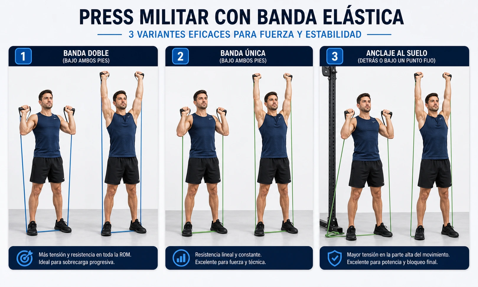 Imagen técnica sobre variantes press militar gomas banda doble unica anclada