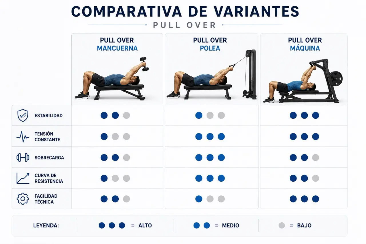 Comparativa visual de variantes del pull over con mancuerna, polea y maquina mediante estabilidad, tension constante, sobrecarga, curva de resistencia y facilidad tecnica