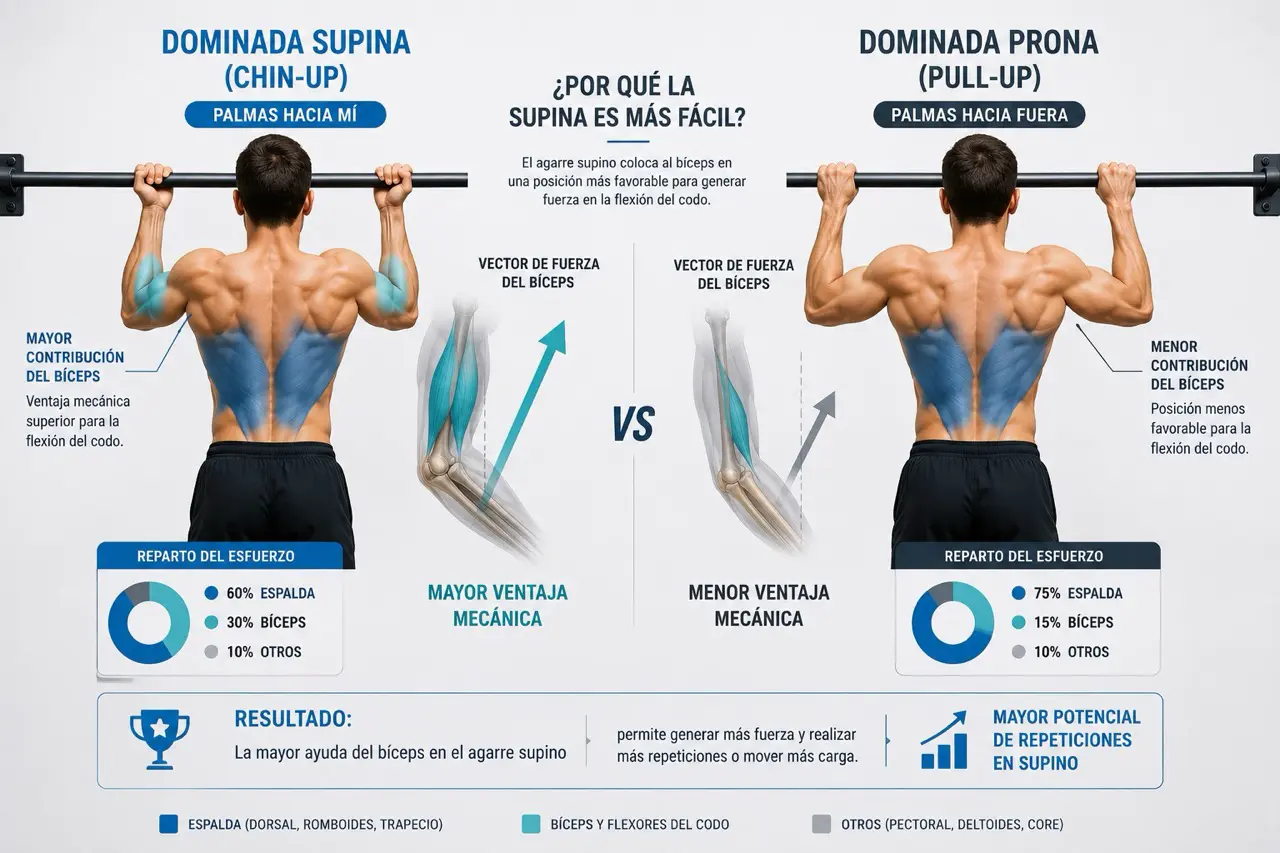 Diagrama biomecanico que compara dominadas supinas y pronas mostrando mayor ayuda del biceps y ventaja mecanica en el agarre supino
