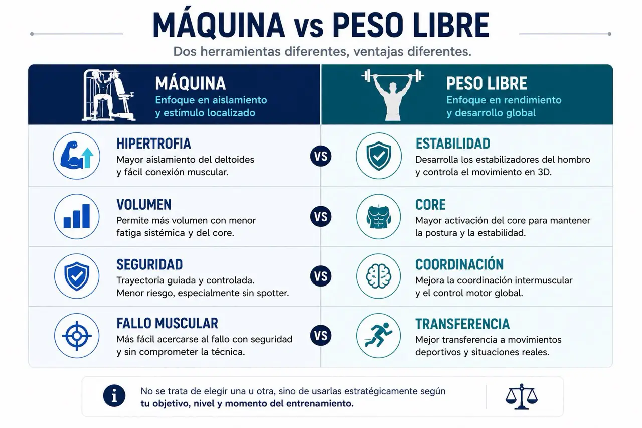 Tabla visual de ventajas de press militar en maquina y peso libre comparando hipertrofia, volumen, seguridad, fallo muscular, estabilidad, core, coordinacion y transferencia
