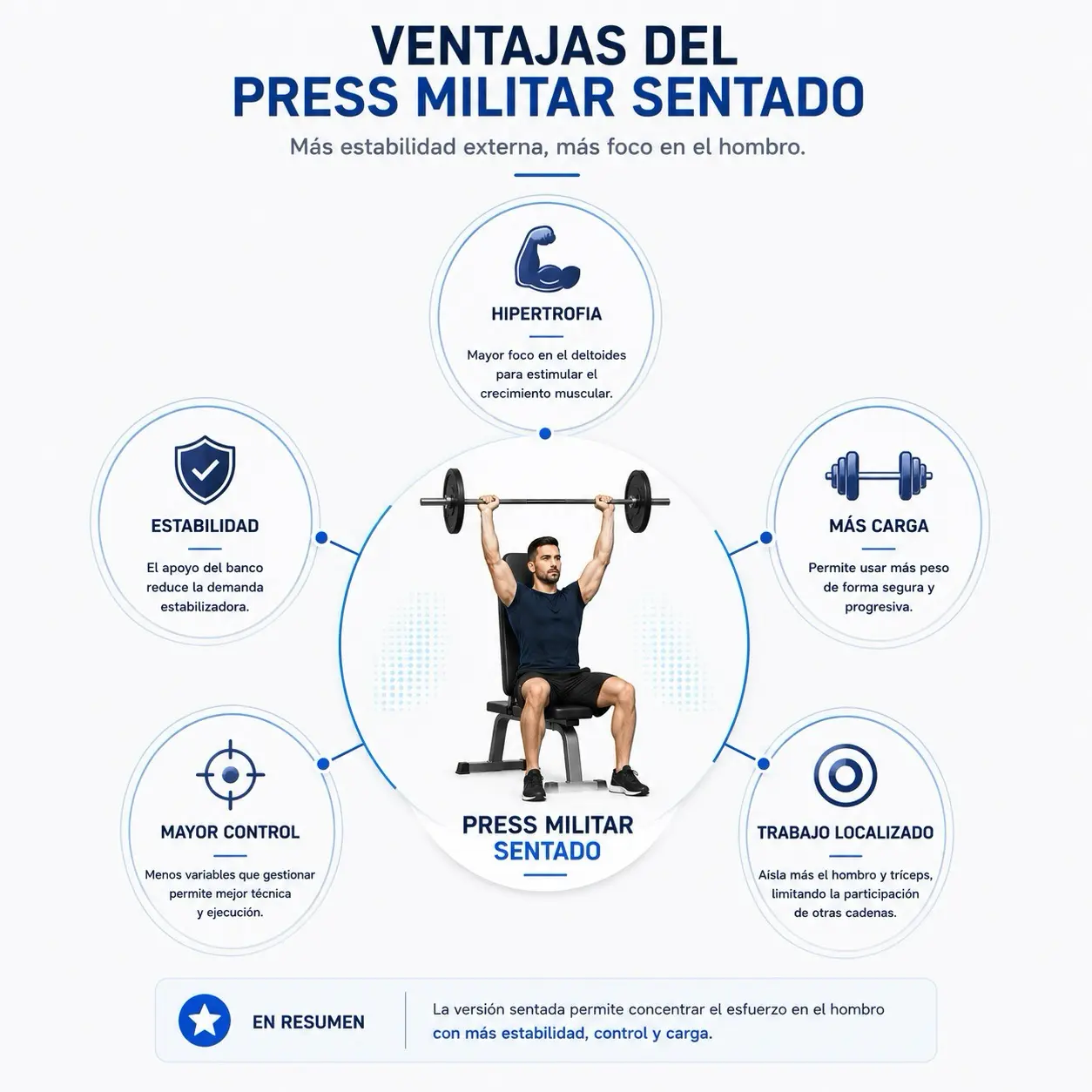 Infografia radial del press militar sentado con hipertrofia, estabilidad, mas carga, mayor control y trabajo localizado