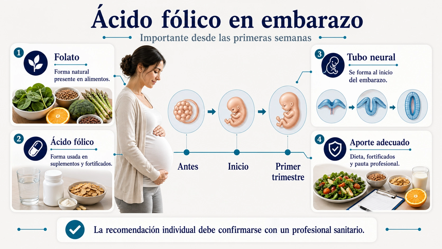 Infografía de ácido fólico en embarazo con folato ácido fólico tubo neural y aporte adecuado