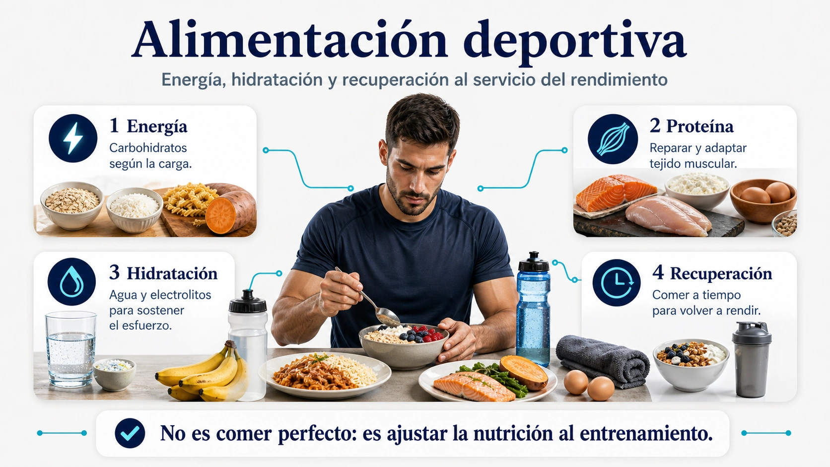 Infografía de alimentación deportiva con energía proteína hidratación y recuperación