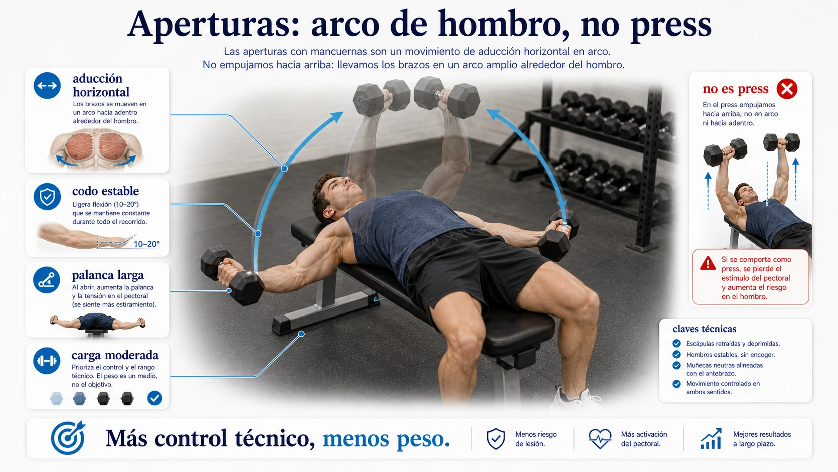 Aperturas de pecho con mancuernas como arco de hombro y aduccion horizontal con codo estable palanca larga y carga moderada