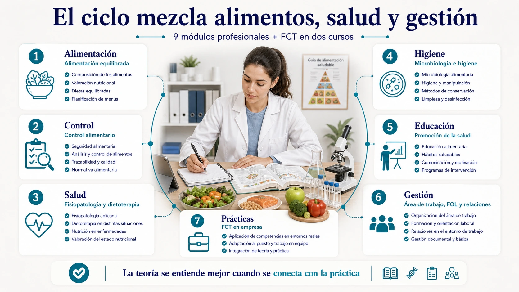 Mapa de asignaturas del FP de Nutrición y Dietética agrupadas en alimentación control salud higiene educación gestión y prácticas FCT