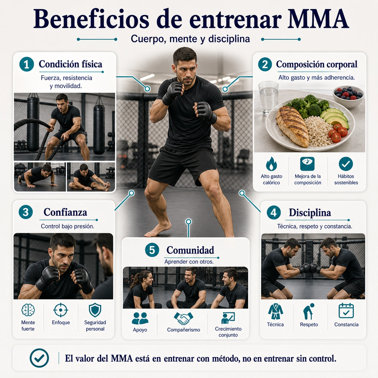 Mapa de beneficios de entrenar MMA en condición física composición corporal confianza disciplina y comunidad