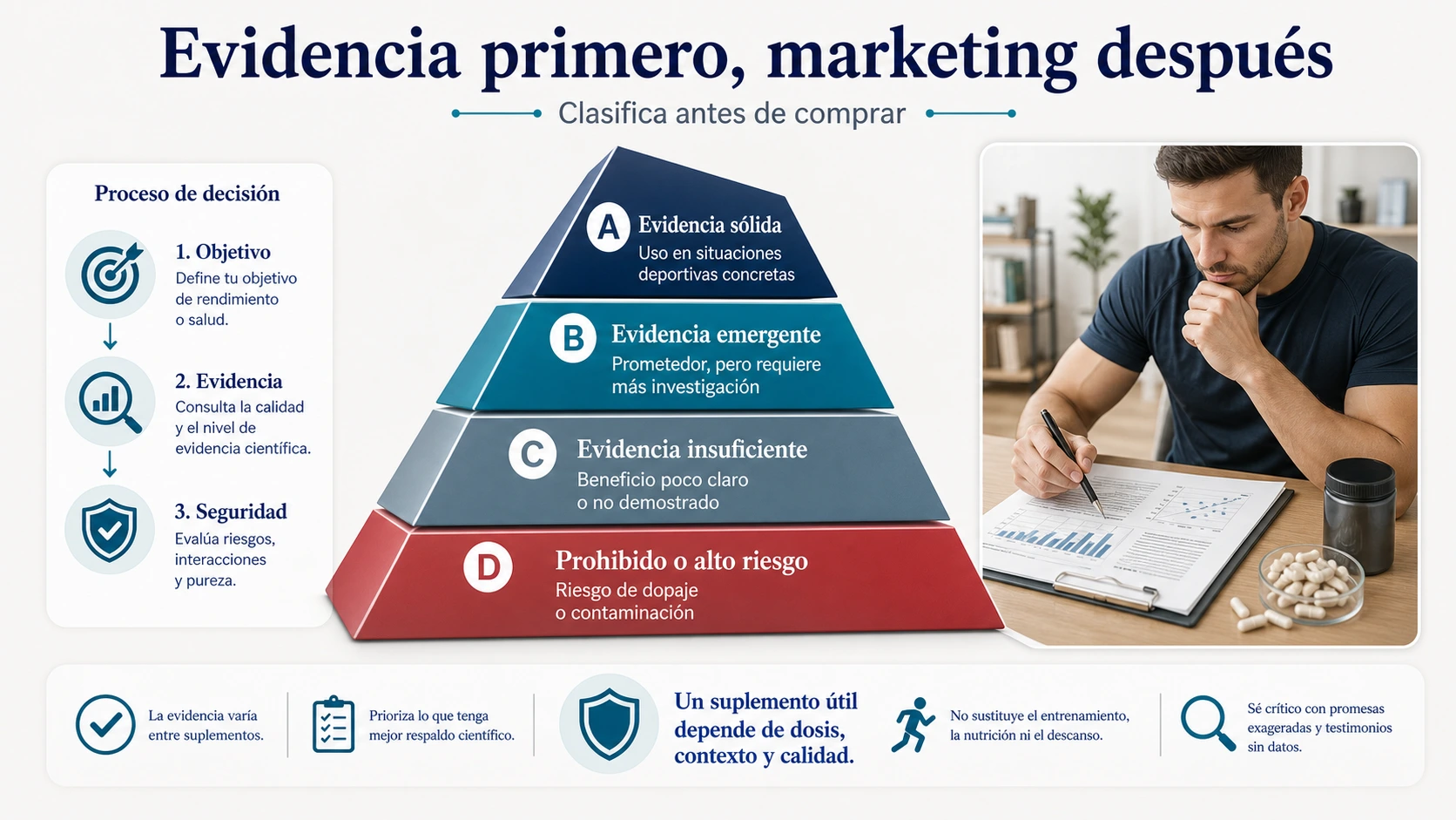 Clasificación de suplementos deportivos por evidencia en grupos A B C y D con criterios de eficacia seguridad y riesgo