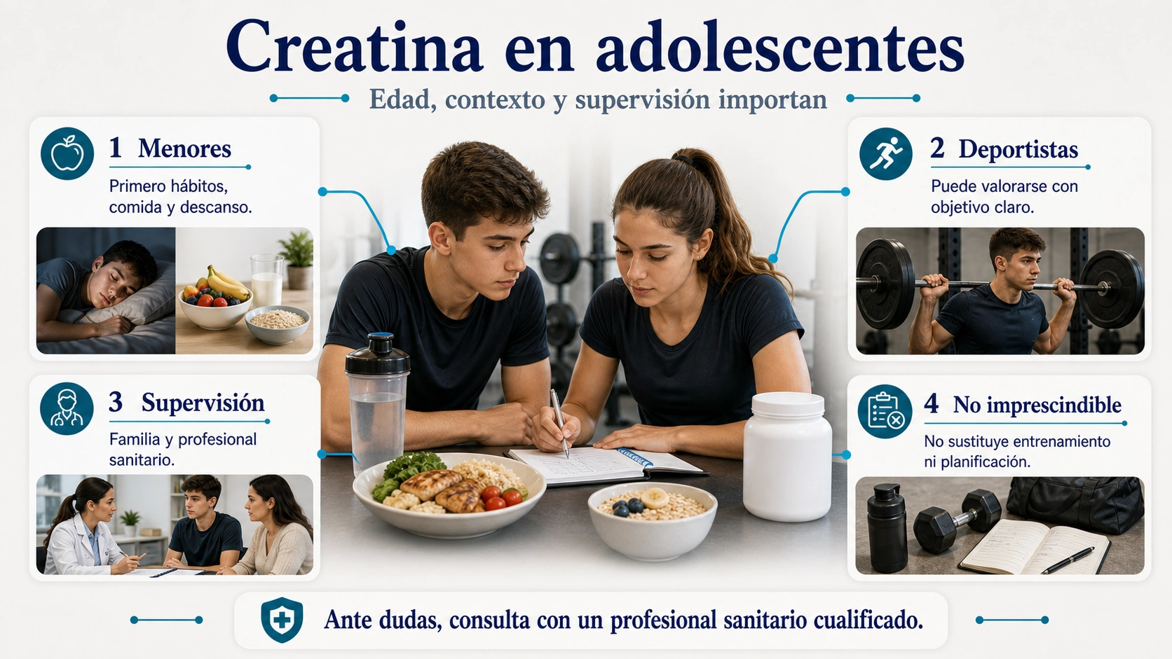 Infografía de creatina en adolescentes con edad contexto supervisión hábitos y no imprescindible