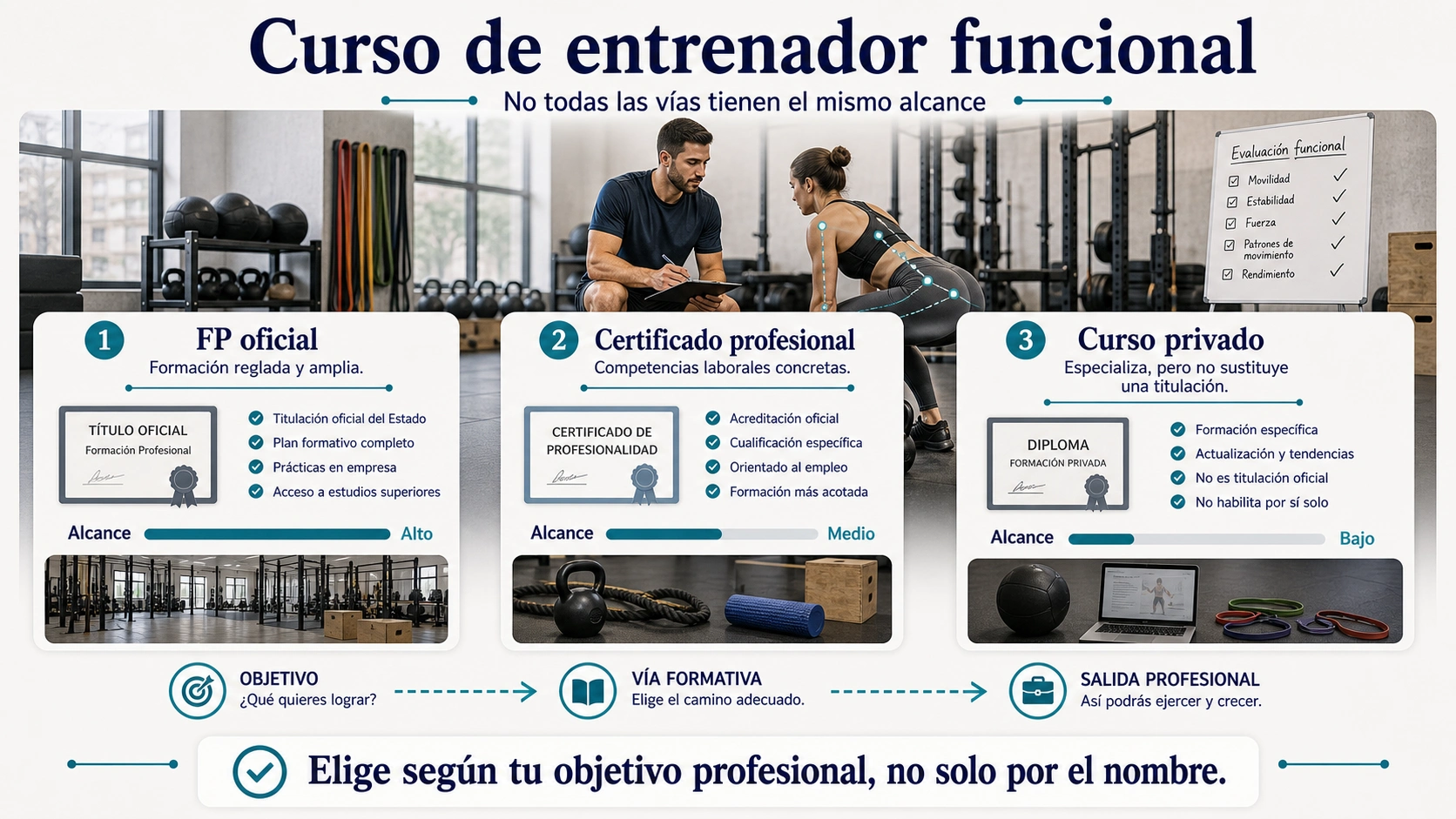 Comparativa de curso de entrenador funcional FP oficial certificado profesional y curso privado con distinto alcance