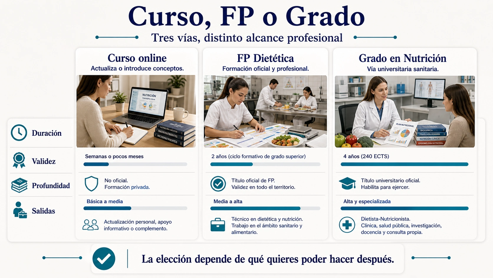 Comparativa entre curso online FP Dietética y Grado en Nutrición según duración validez profundidad y salidas