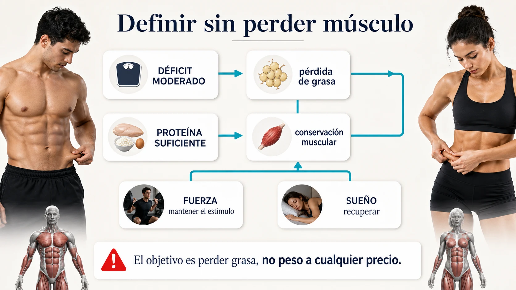 Déficit moderado proteína fuerza y sueño para definir sin perder músculo