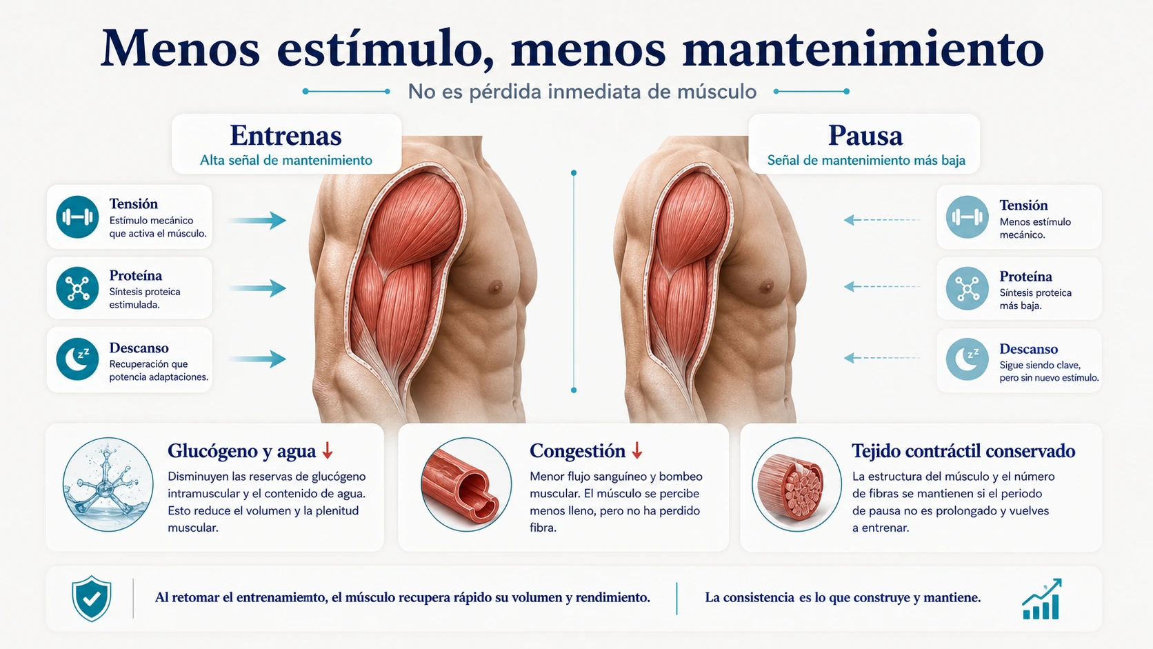 Mecanismo del desentrenamiento con menor estímulo mecánico descenso de glucógeno agua y conservación inicial del tejido muscular