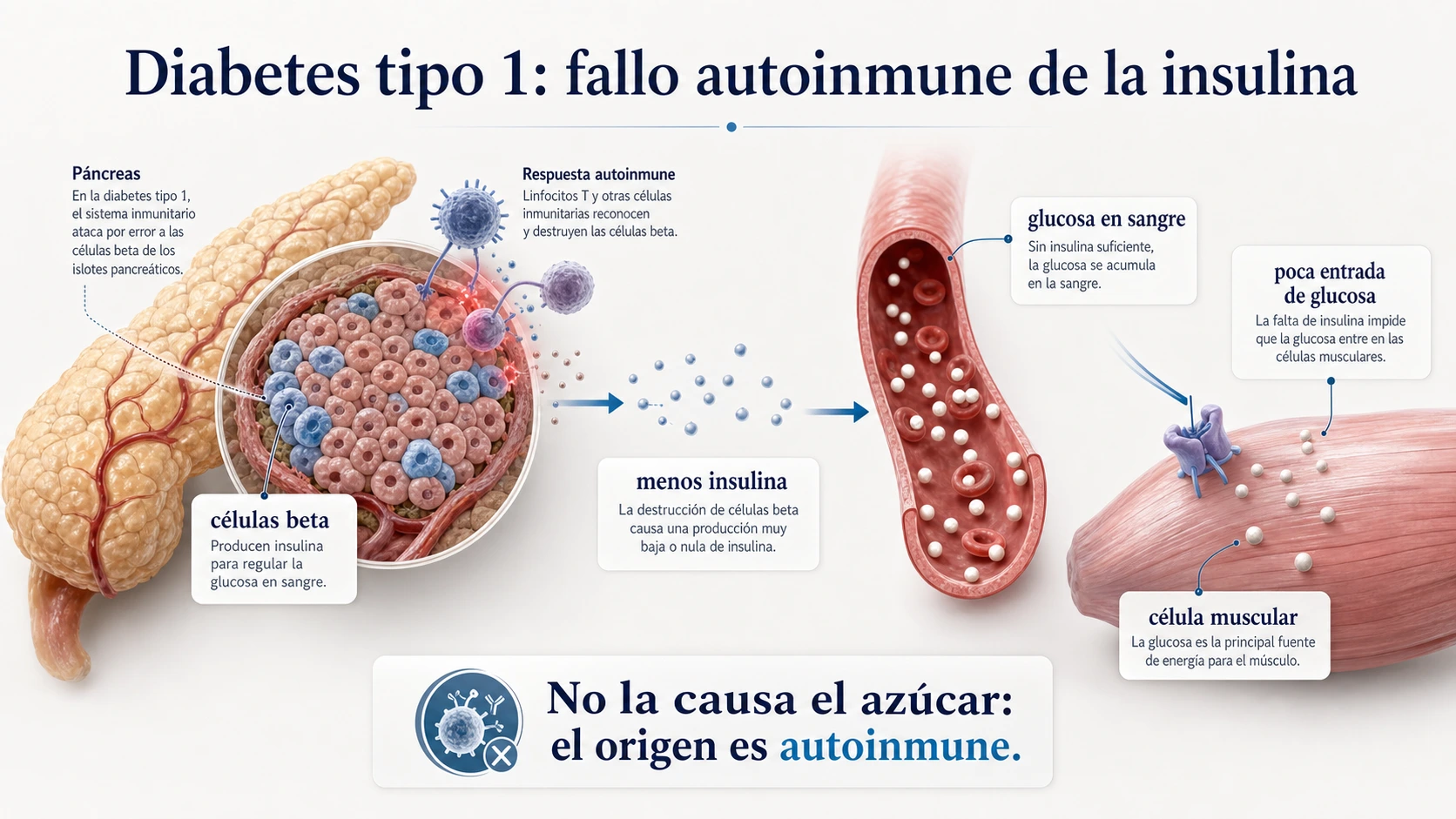 Diabetes tipo 1 como proceso autoinmune que destruye celulas beta reduce insulina y aumenta glucosa en sangre