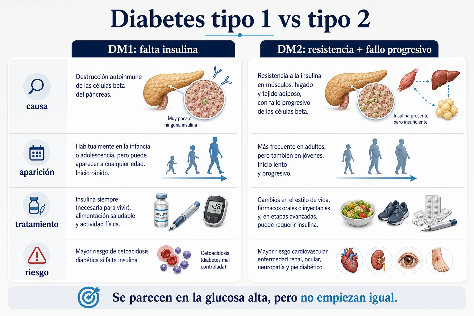 Comparativa entre diabetes tipo 1 y tipo 2 por causa aparicion tratamiento y riesgo
