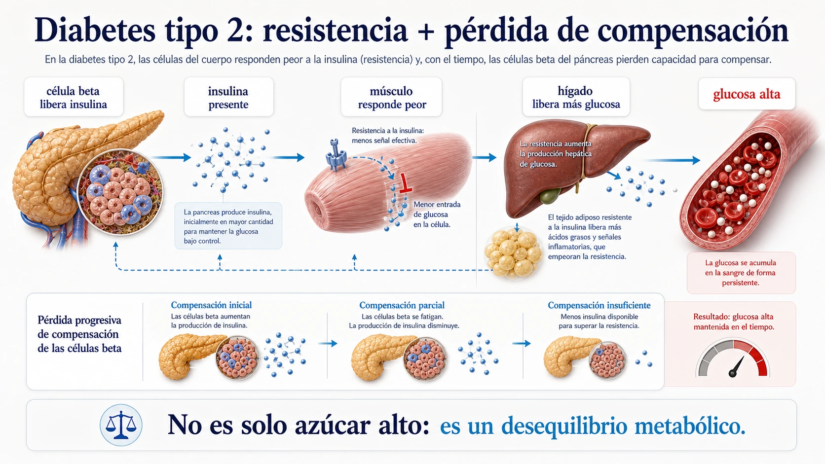 Diabetes tipo 2 con resistencia a la insulina perdida de compensacion de celulas beta higado musculo y glucosa alta