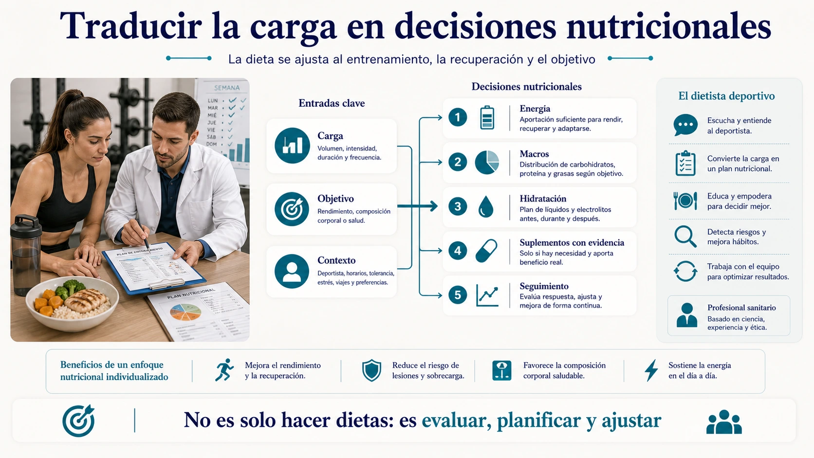 Funciones de un dietista deportivo traduciendo la carga de entrenamiento en decisiones de energía macronutrientes hidratación suplementos y seguimiento