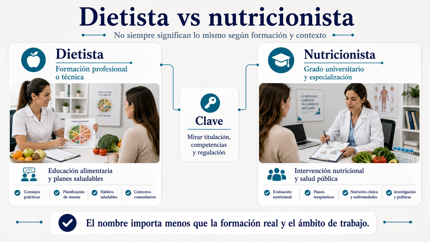 Infografía comparativa de dietista y nutricionista con formación funciones y contexto profesional
