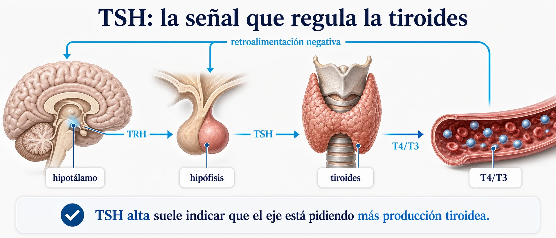 Eje hipotalamo hipofisis tiroides con TRH TSH T4 T3 y retroalimentacion negativa