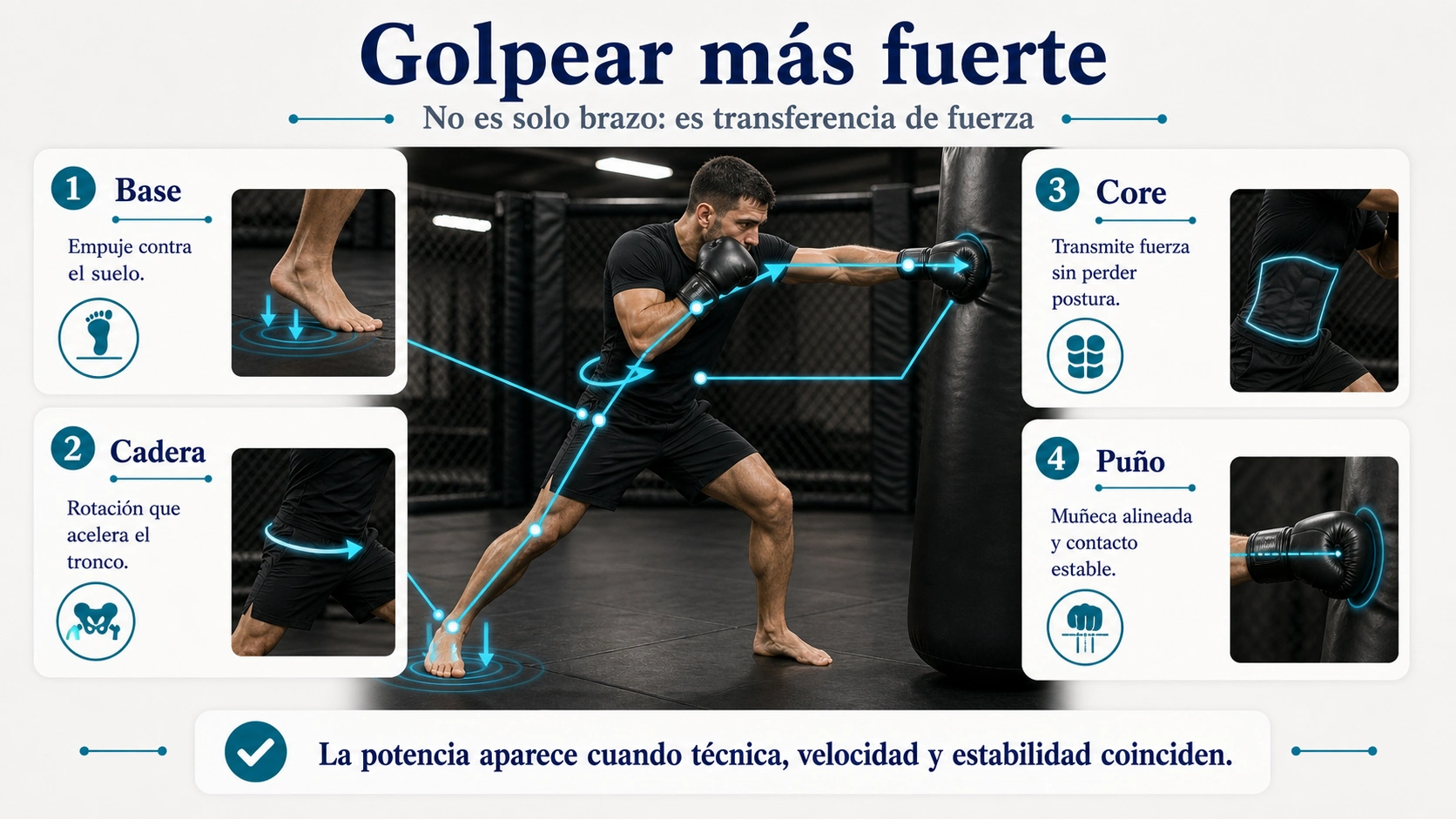 Infografía de cómo golpear más fuerte en MMA con base cadera core puño y transferencia de fuerza